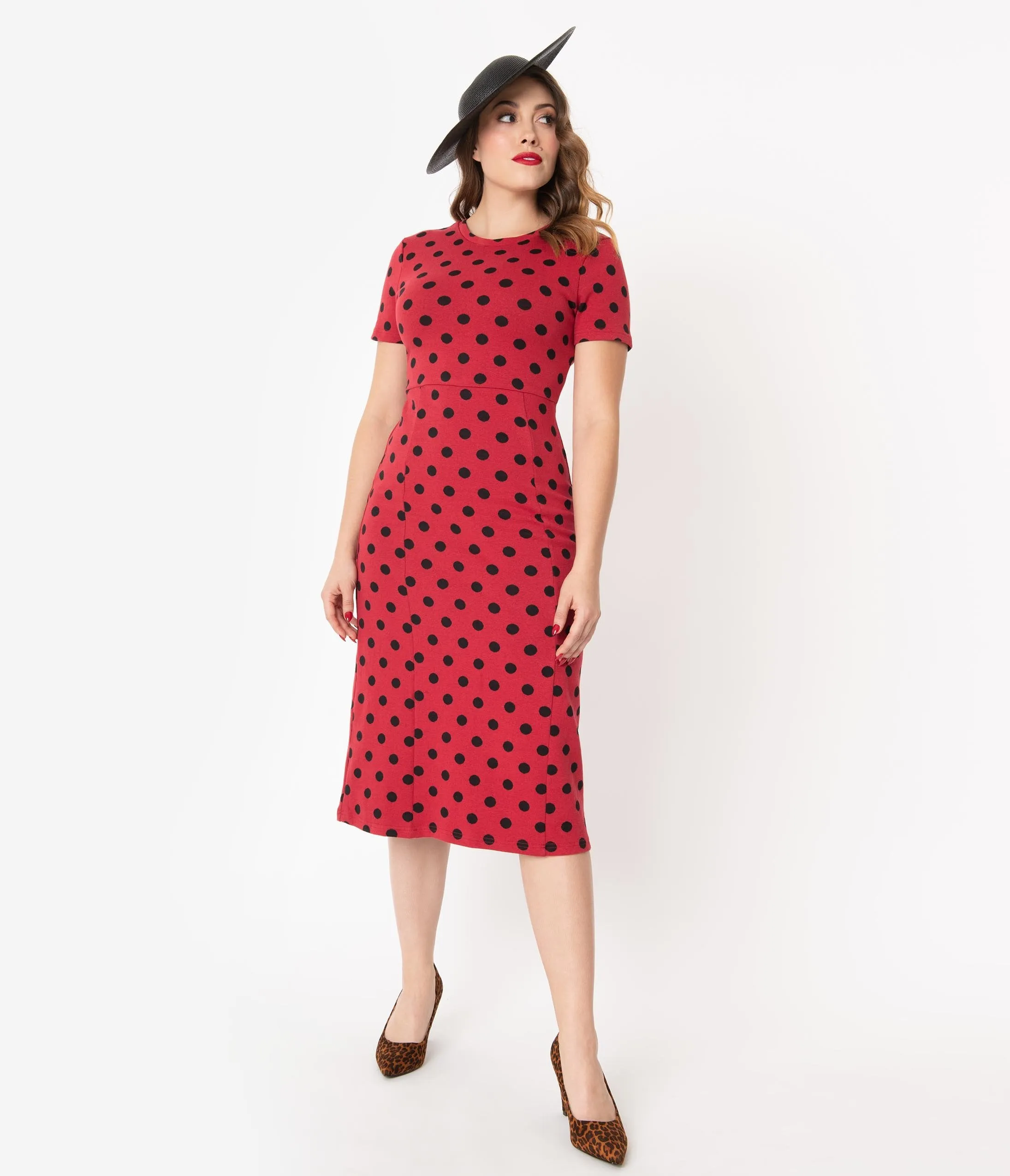 1960s Style Red & Black Polka Dot Wiggle Dress