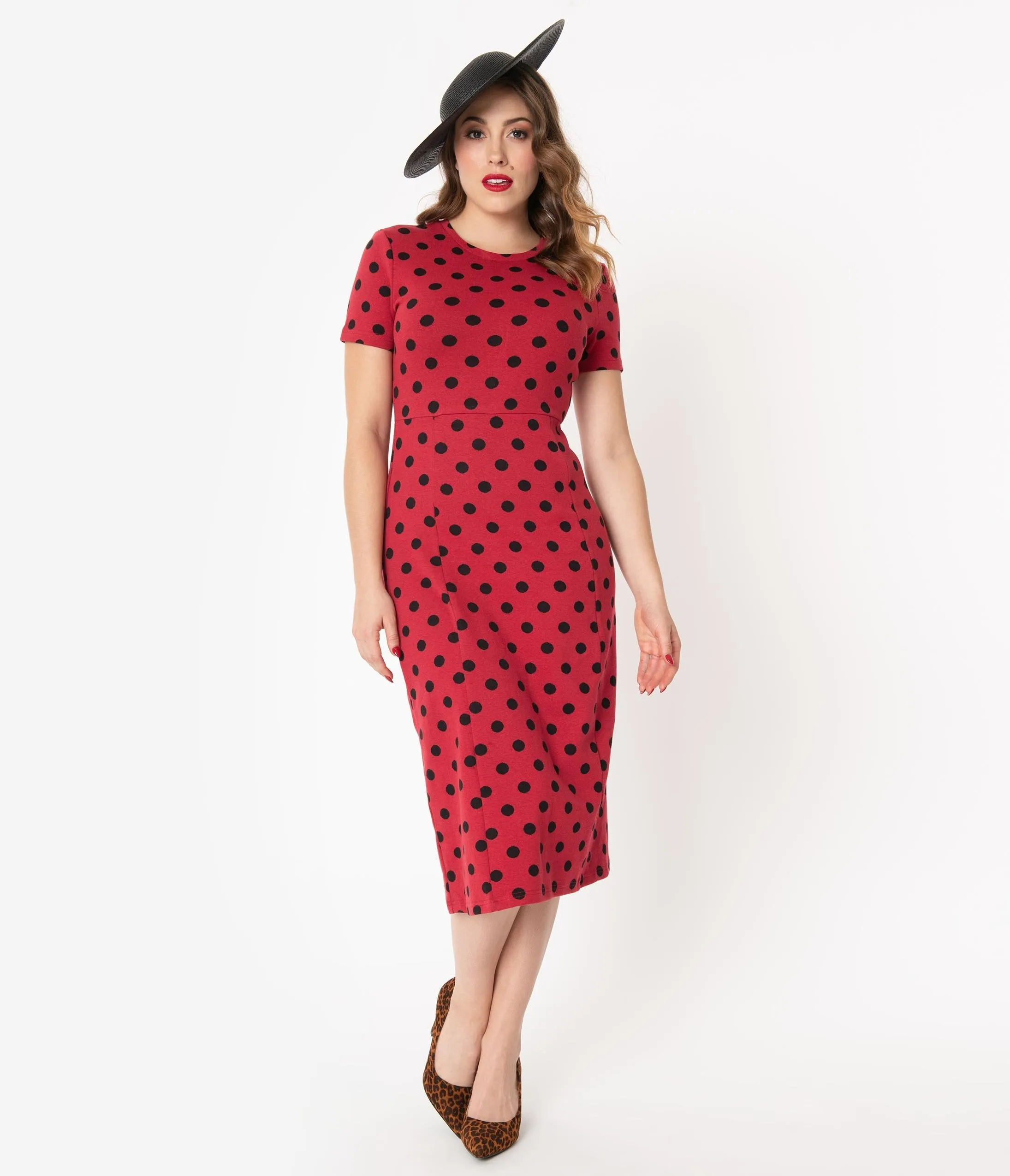 1960s Style Red & Black Polka Dot Wiggle Dress