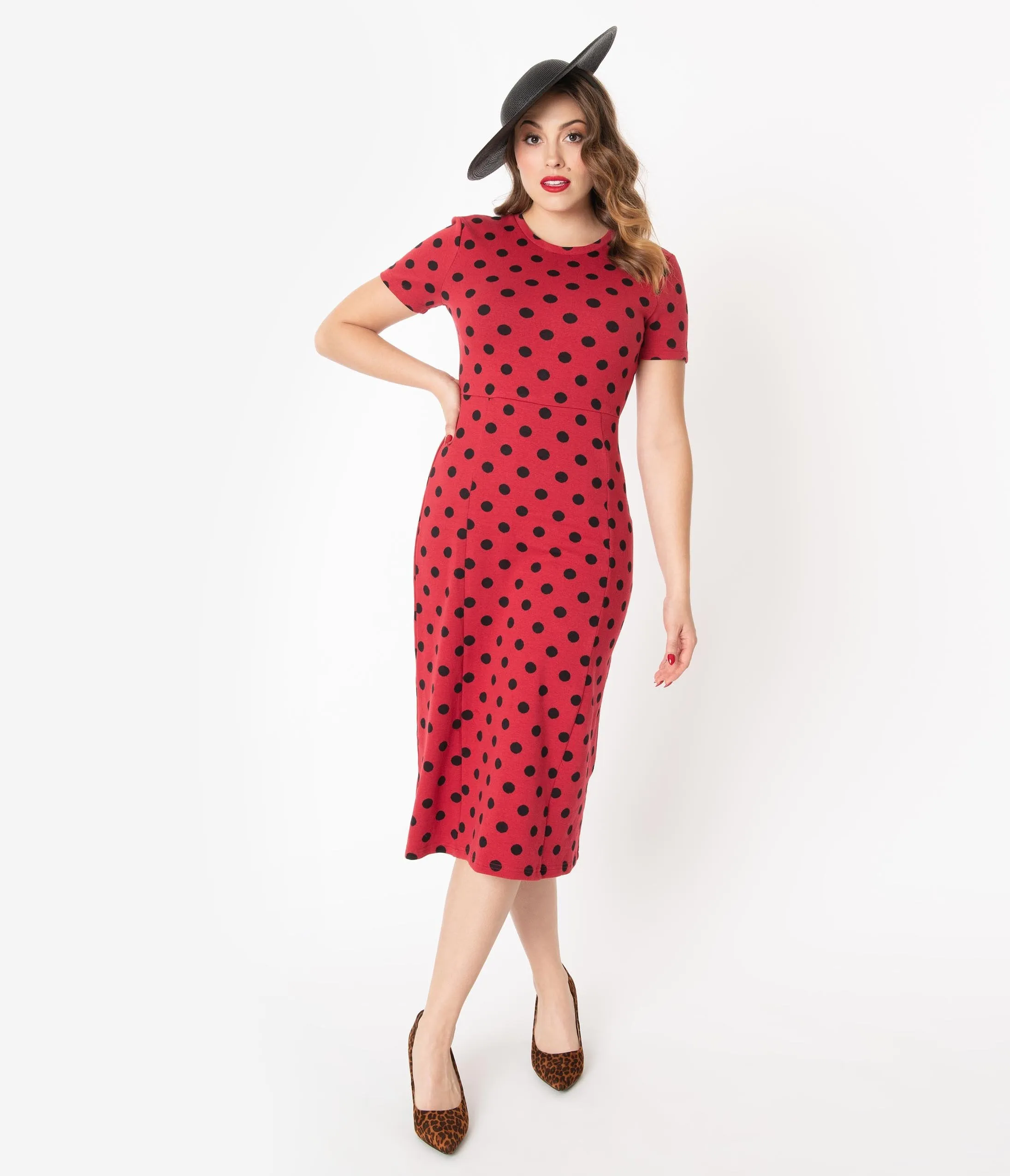 1960s Style Red & Black Polka Dot Wiggle Dress