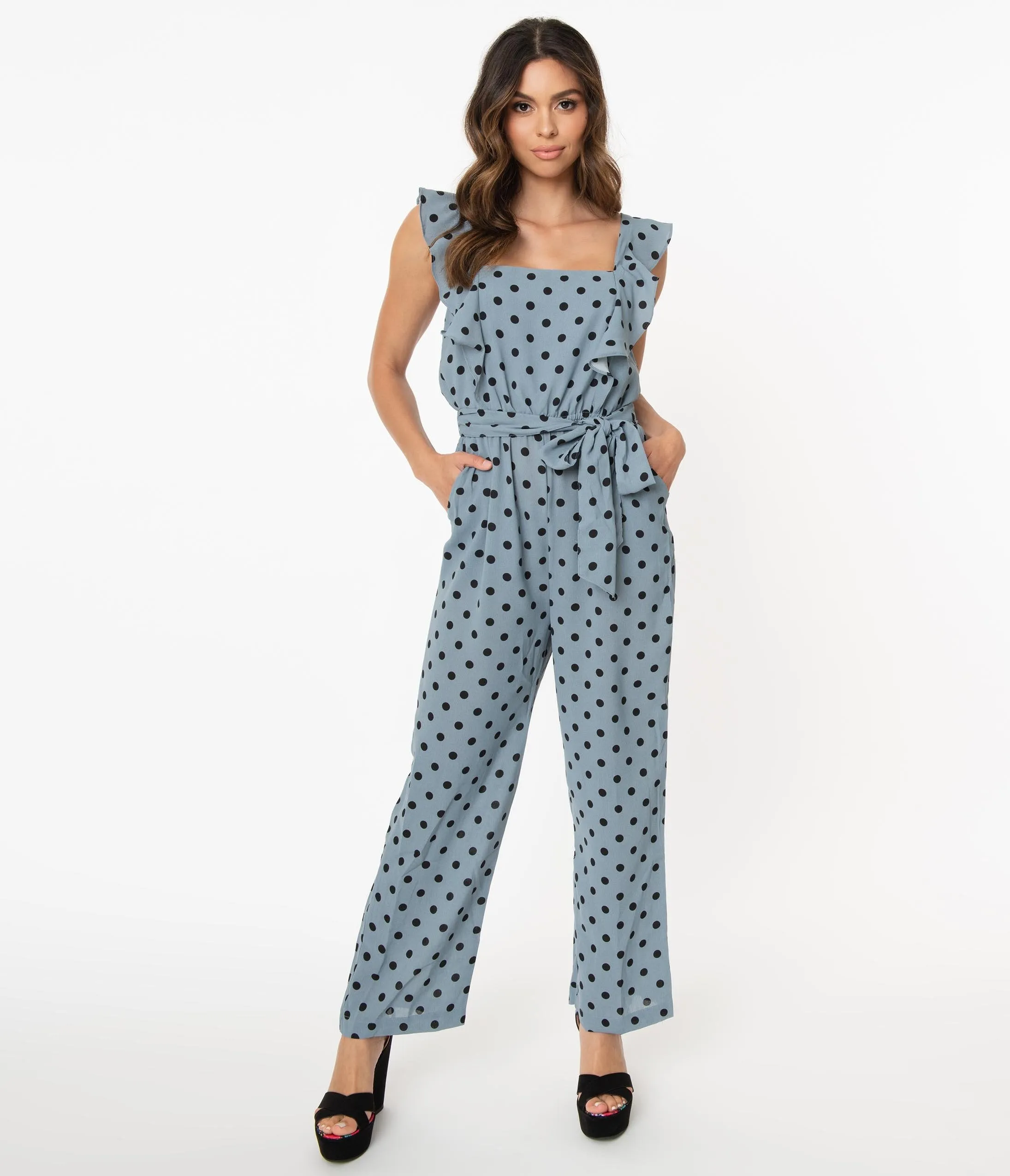 1970s Style Dusty Blue & Black Polka Dot Jumpsuit