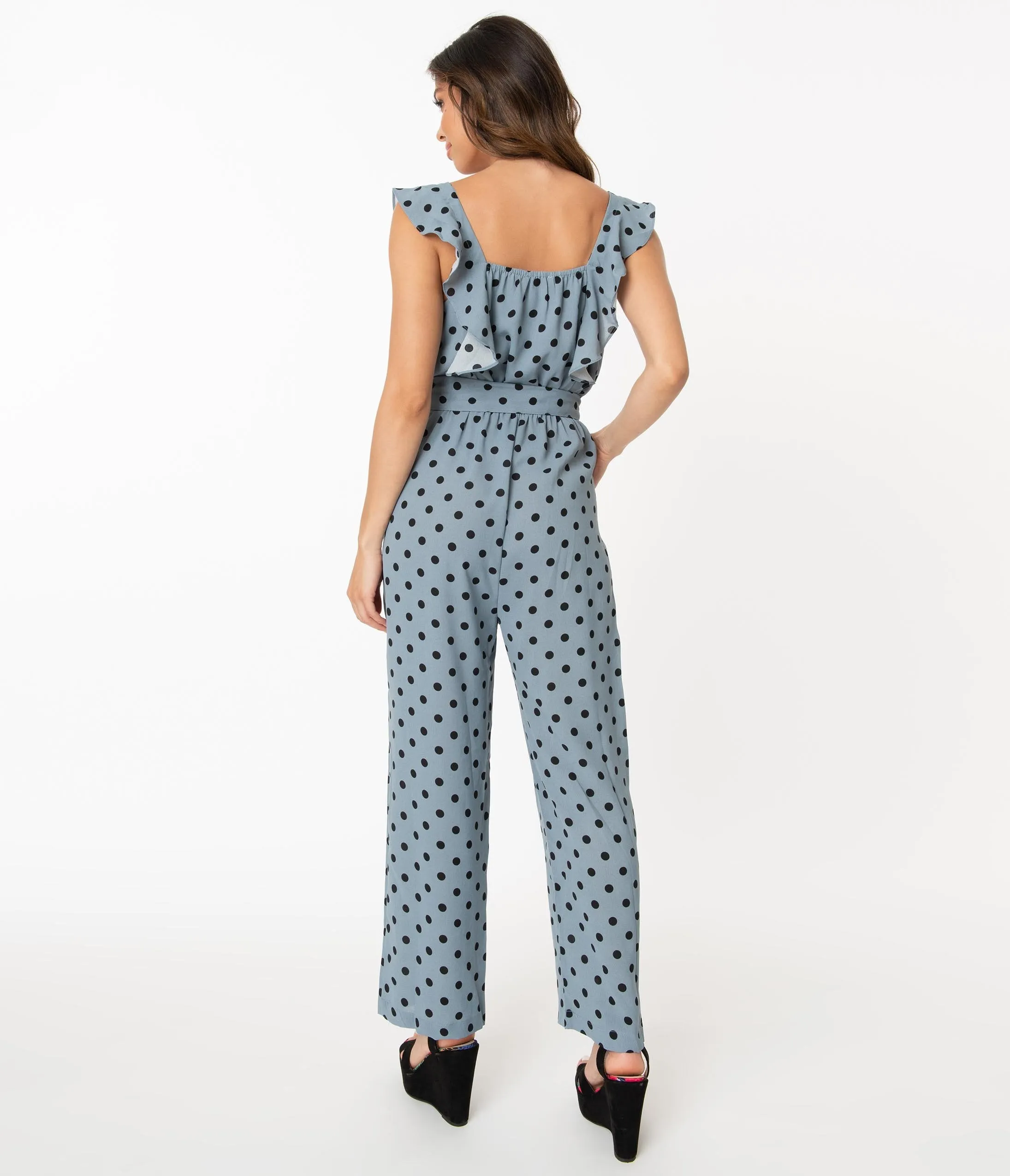 1970s Style Dusty Blue & Black Polka Dot Jumpsuit