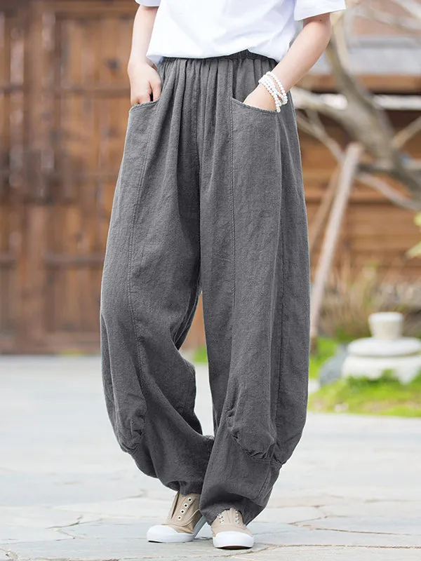 7 Colors Casual Wide Leg High Waisted Solid Color Linen Pants