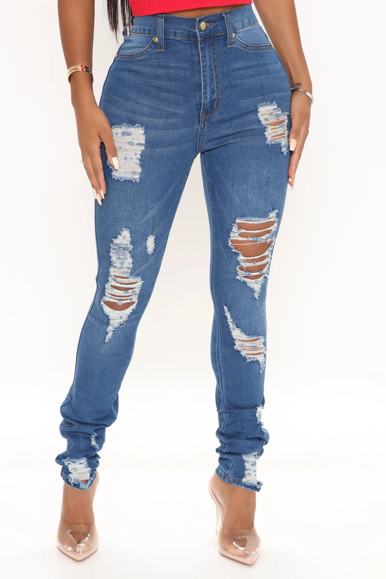 A Little Bit Of Love Ripped Skinny Jeans - Medium Blue Wash