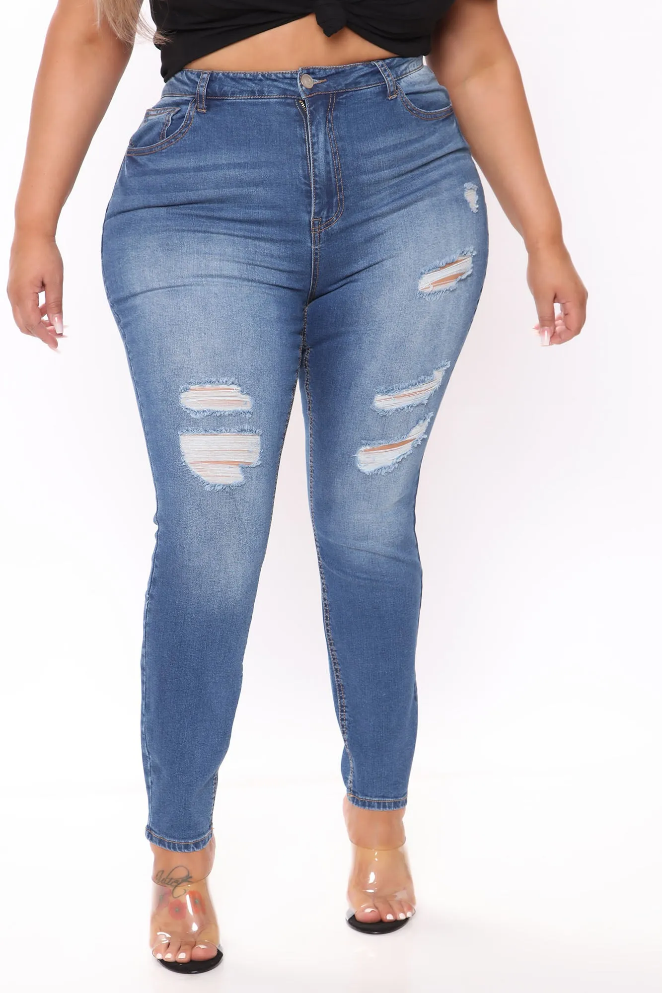 A Way With Words Ripped Skinny Jeans - Medium Blue Wash