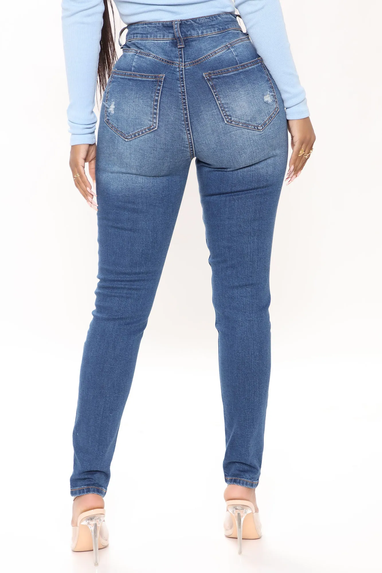 A Way With Words Ripped Skinny Jeans - Medium Blue Wash