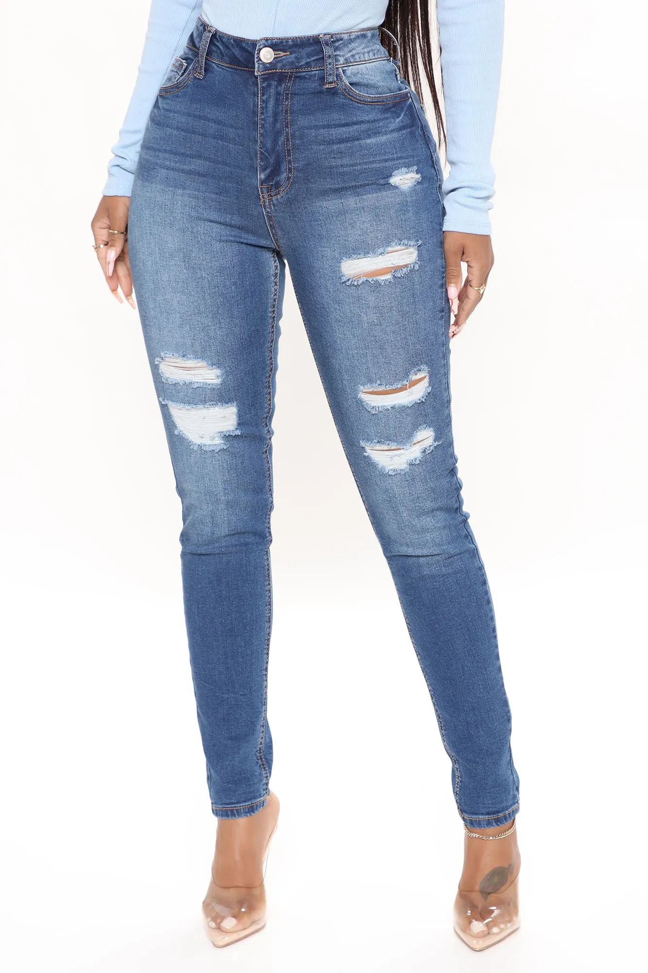 A Way With Words Ripped Skinny Jeans - Medium Blue Wash