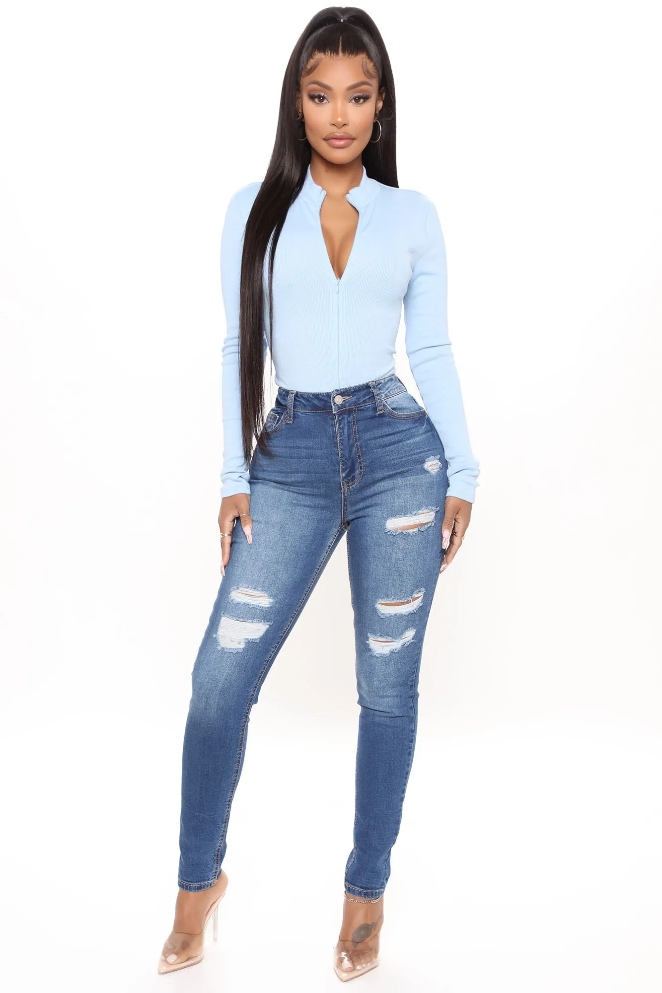 A Way With Words Ripped Skinny Jeans - Medium Blue Wash