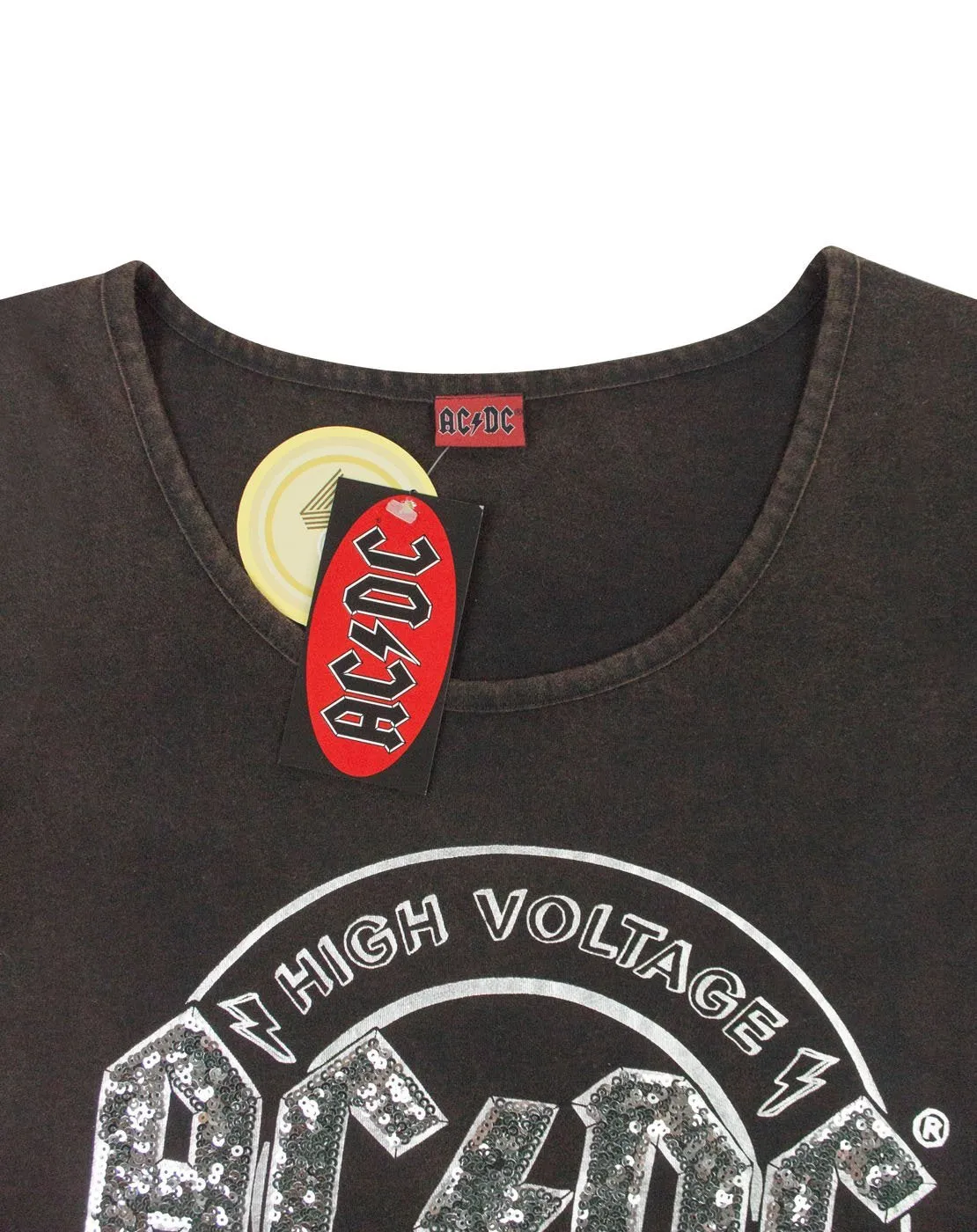 AC/DC High Voltage Sequin Acid Wash Women's Tie Front T-Shirt