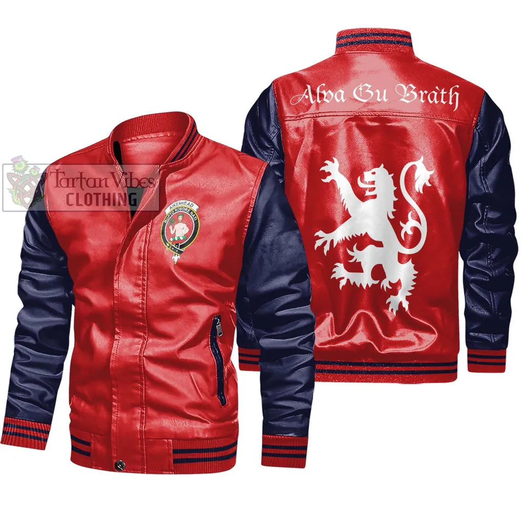 Aikenhead Family Crest Leather Bomber Jacket Lion Rampant Alba Gu Brath Style