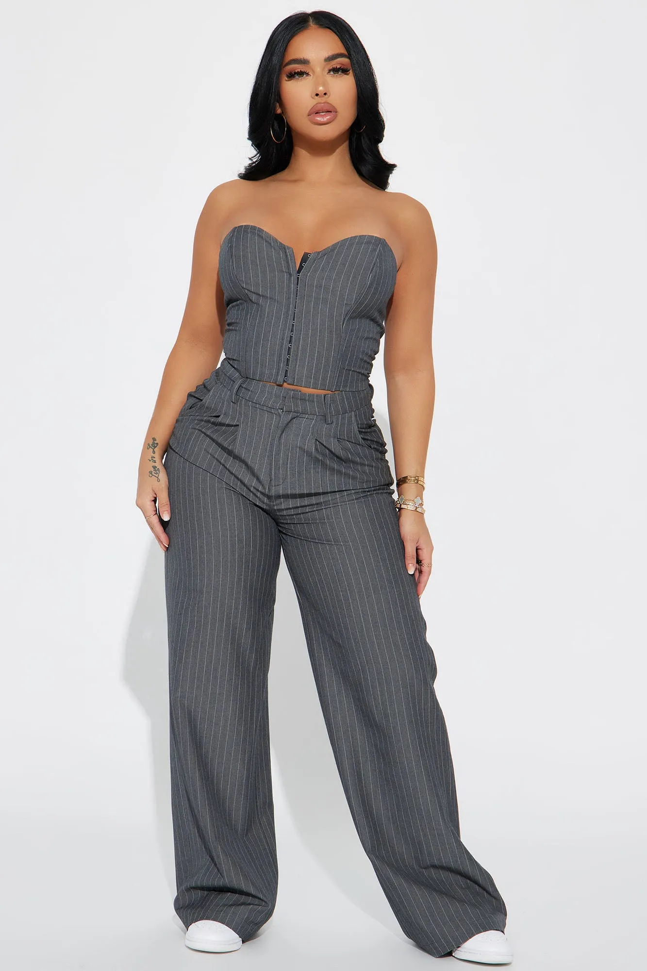 Always Busy Pinstripe Pant Set - Charcoal