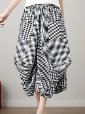 Artistic Retro Ramie Cotton Plaid Loose Irregular Elasticity Skirt