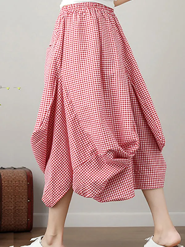 Artistic Retro Ramie Cotton Plaid Loose Irregular Elasticity Skirt