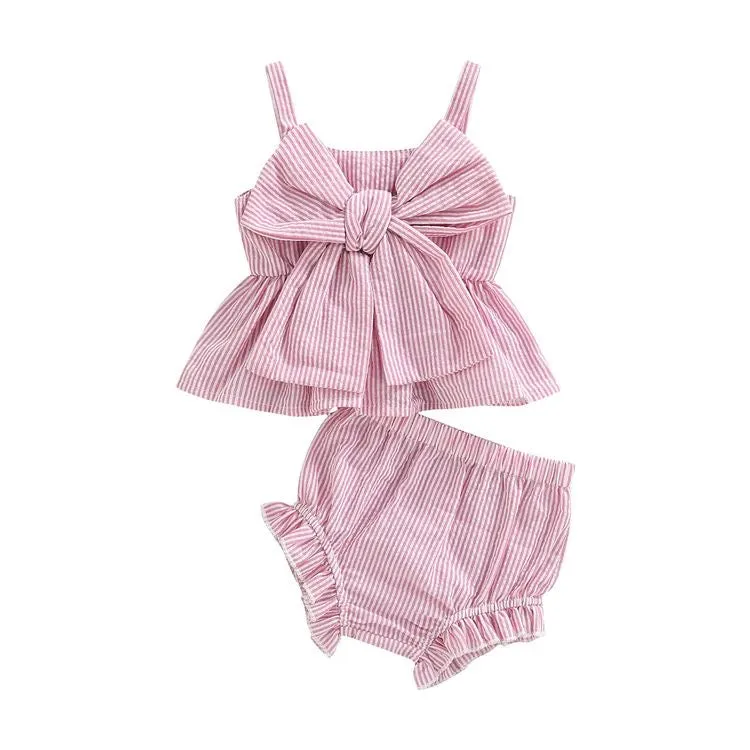 Baby Two Piece Set Pink Striped Bow Top   Ruffle Shorts