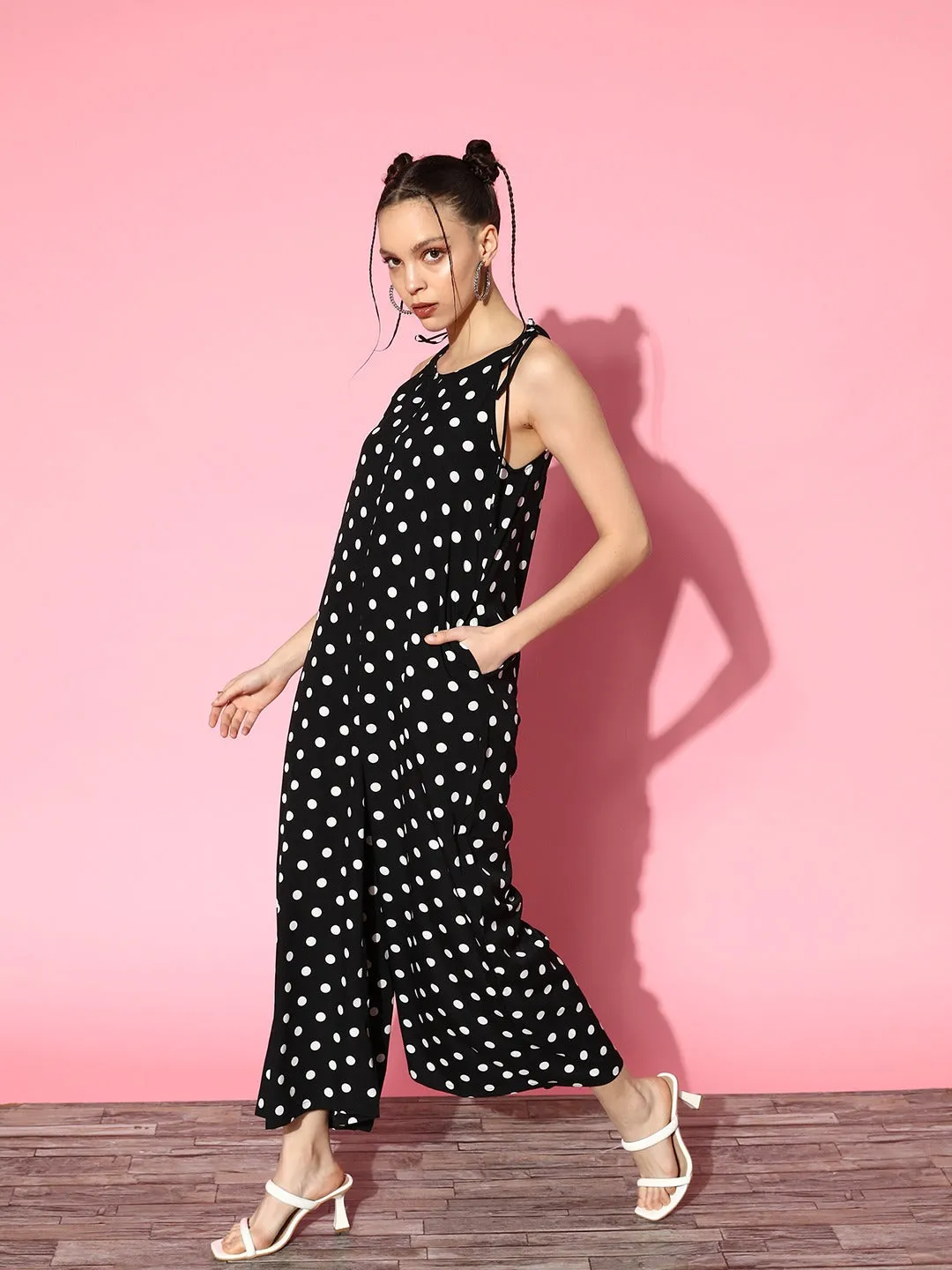 Berrylush Women Black & White Polka Dot Printed Round Neck Tie-Up Straps Two-Pocket Regular Basic Jumpsuit