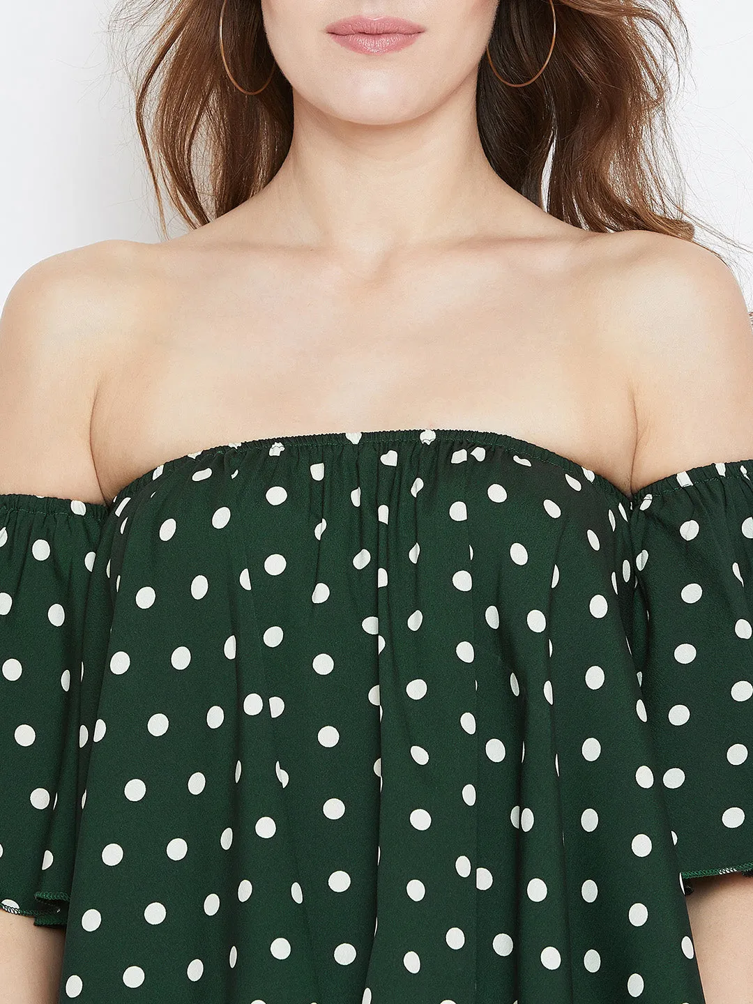 Berrylush Women Green & White Polka Dot Printed Off-Shoulder Neck Ruffled Crop Bardot Top