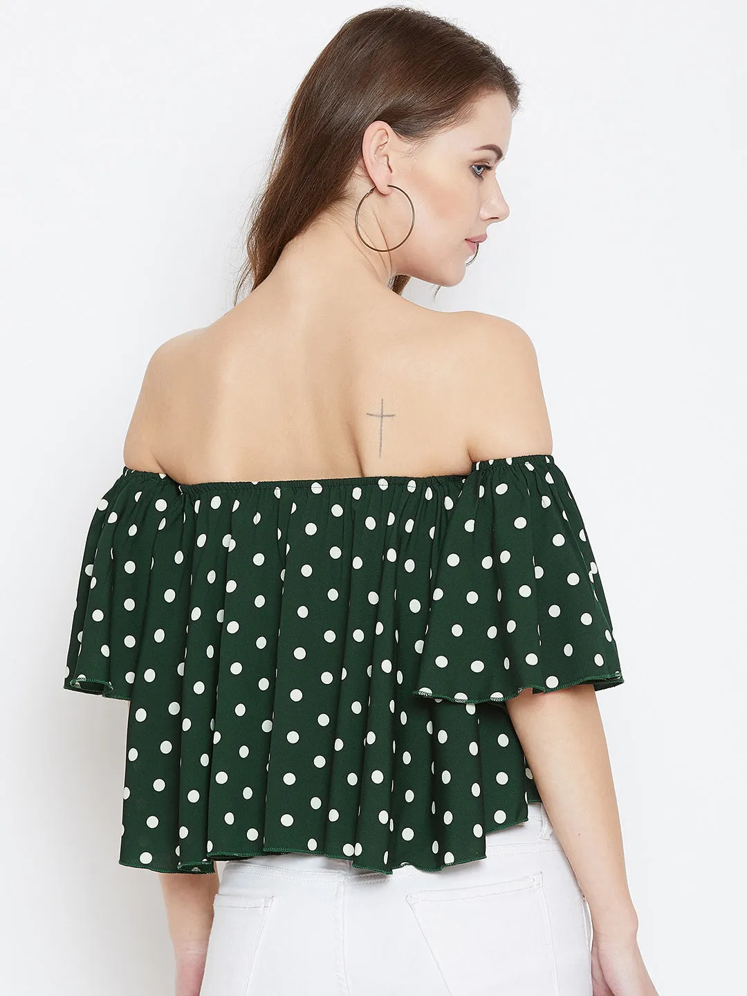 Berrylush Women Green & White Polka Dot Printed Off-Shoulder Neck Ruffled Crop Bardot Top