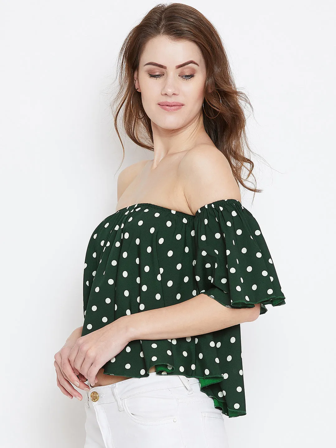 Berrylush Women Green & White Polka Dot Printed Off-Shoulder Neck Ruffled Crop Bardot Top