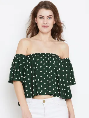 Berrylush Women Green & White Polka Dot Printed Off-Shoulder Neck Ruffled Crop Bardot Top