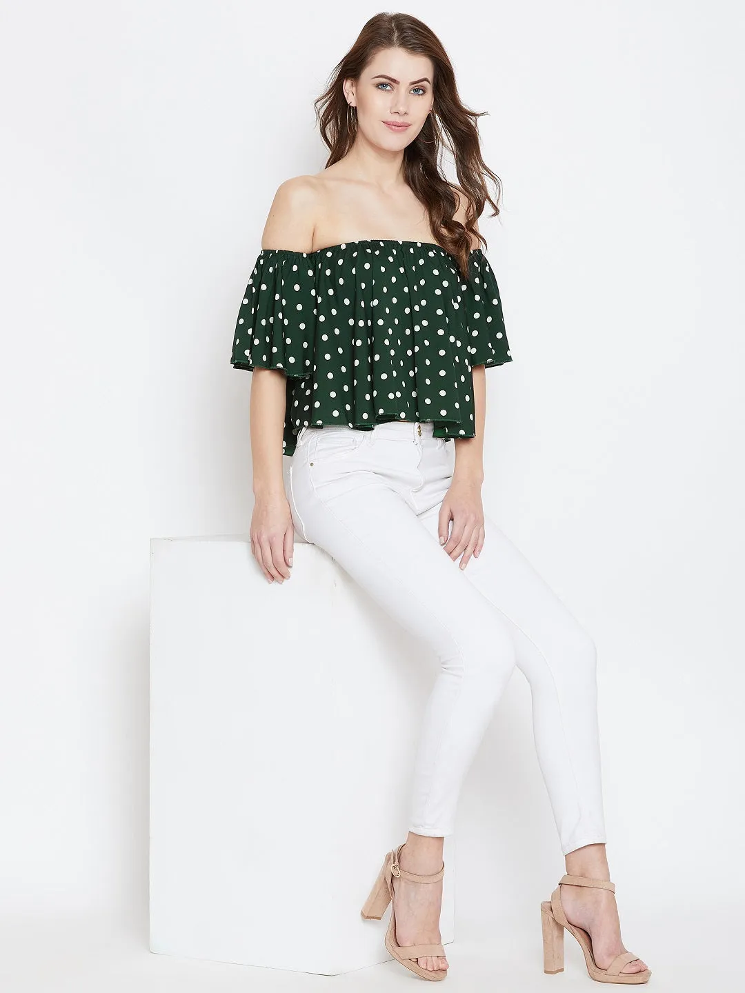 Berrylush Women Green & White Polka Dot Printed Off-Shoulder Neck Ruffled Crop Bardot Top