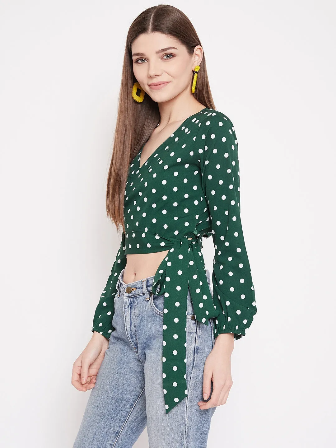 Berrylush Women Green Polka Dot Printed Wrap Tie Crop Top