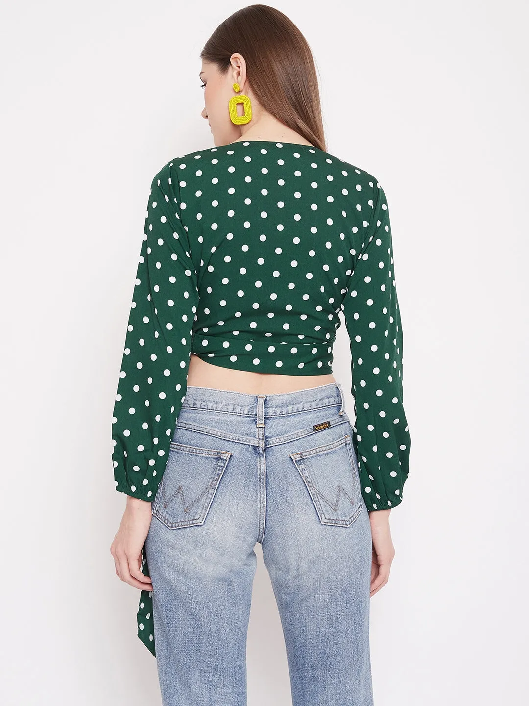 Berrylush Women Green Polka Dot Printed Wrap Tie Crop Top