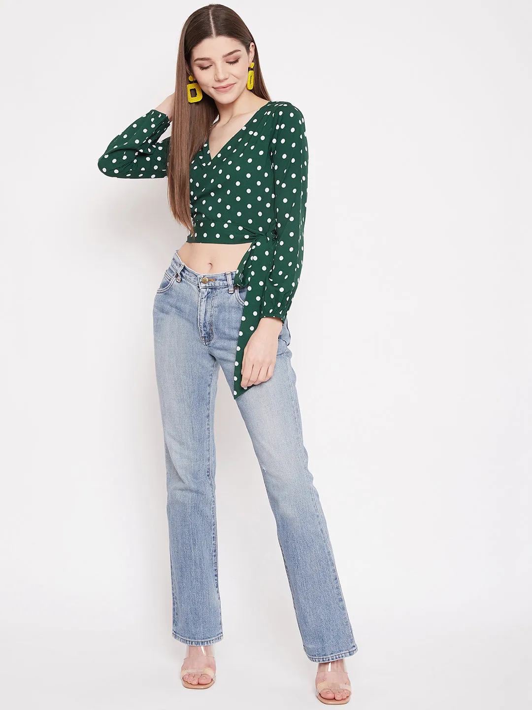 Berrylush Women Green Polka Dot Printed Wrap Tie Crop Top