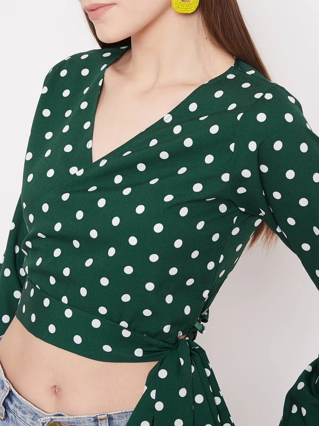 Berrylush Women Green Polka Dot Printed Wrap Tie Crop Top