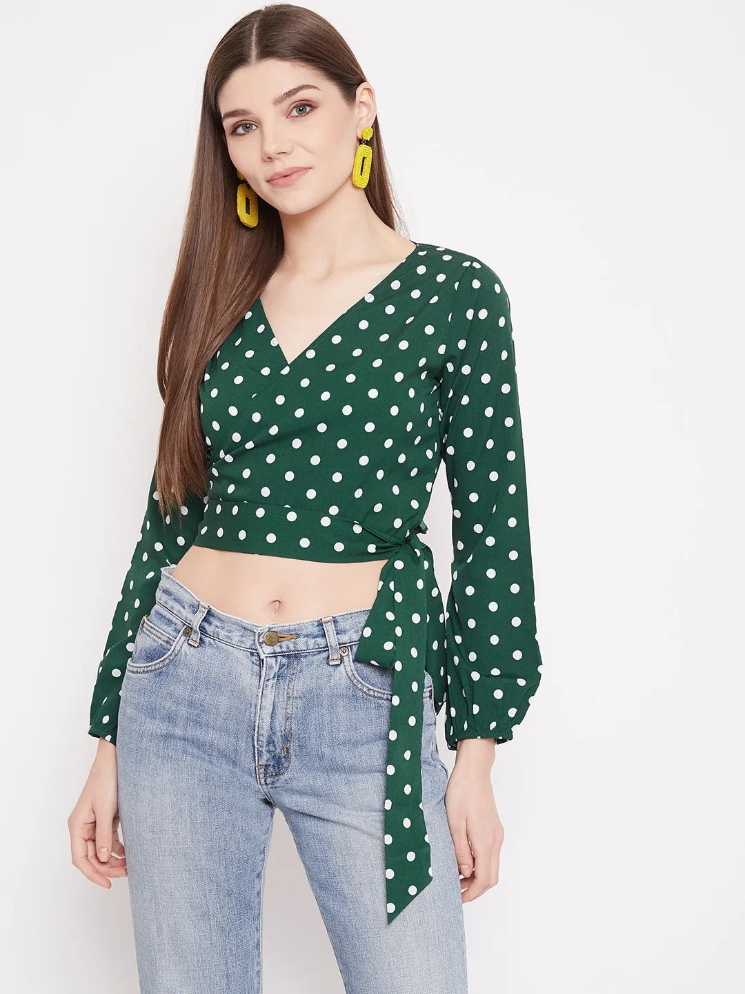 Berrylush Women Green Polka Dot Printed Wrap Tie Crop Top