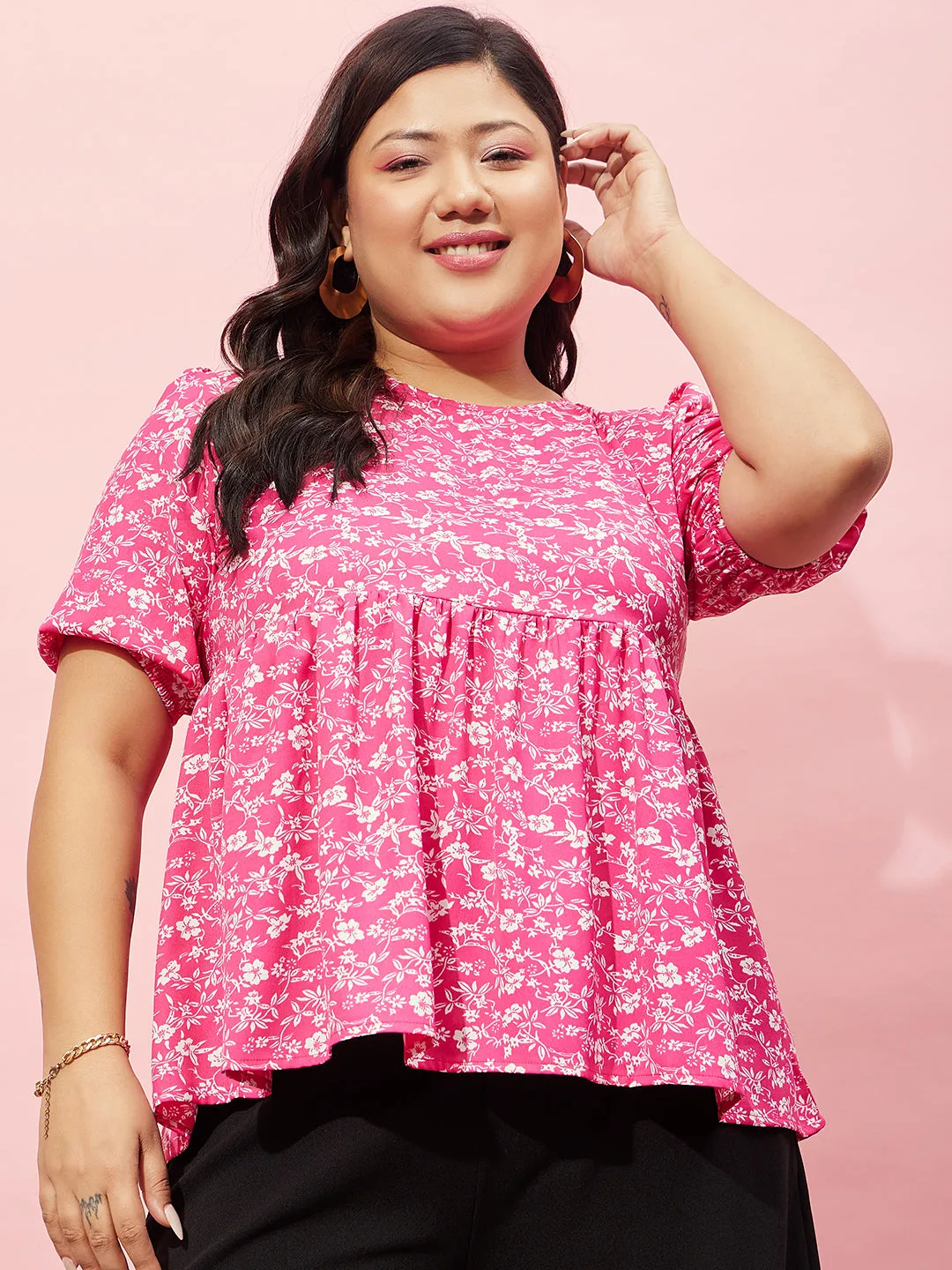 Berrylush Women Plus Size Pink & White Floral Printed Round Neck Button-Up Crepe Pleated Regular Top