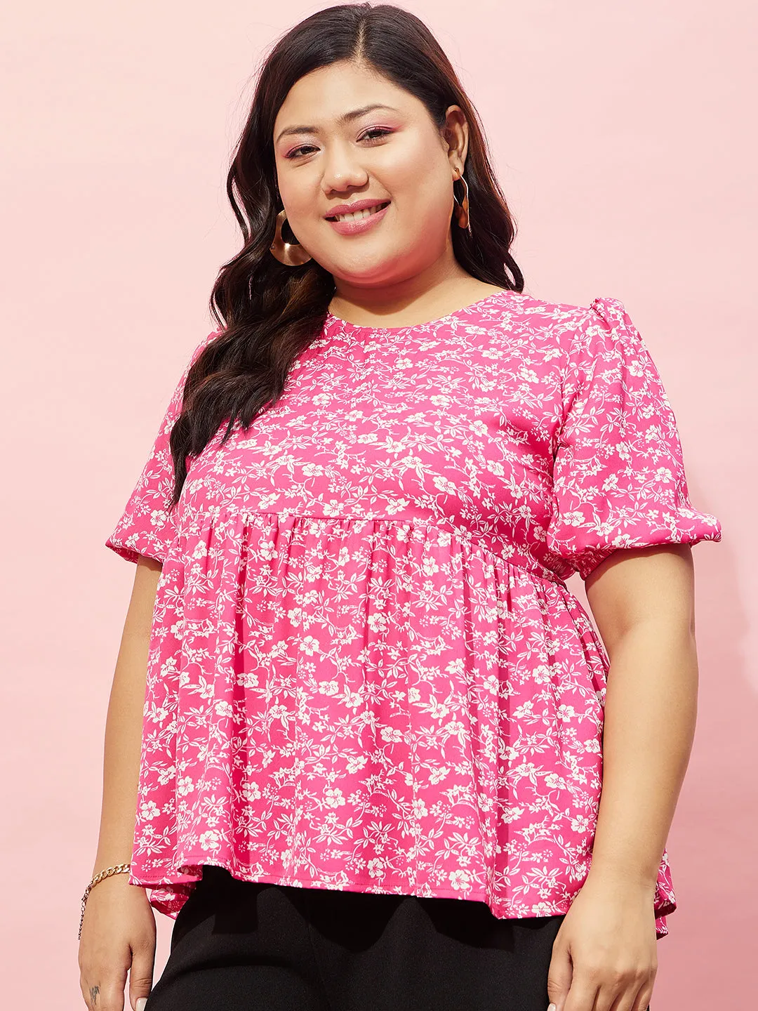 Berrylush Women Plus Size Pink & White Floral Printed Round Neck Button-Up Crepe Pleated Regular Top