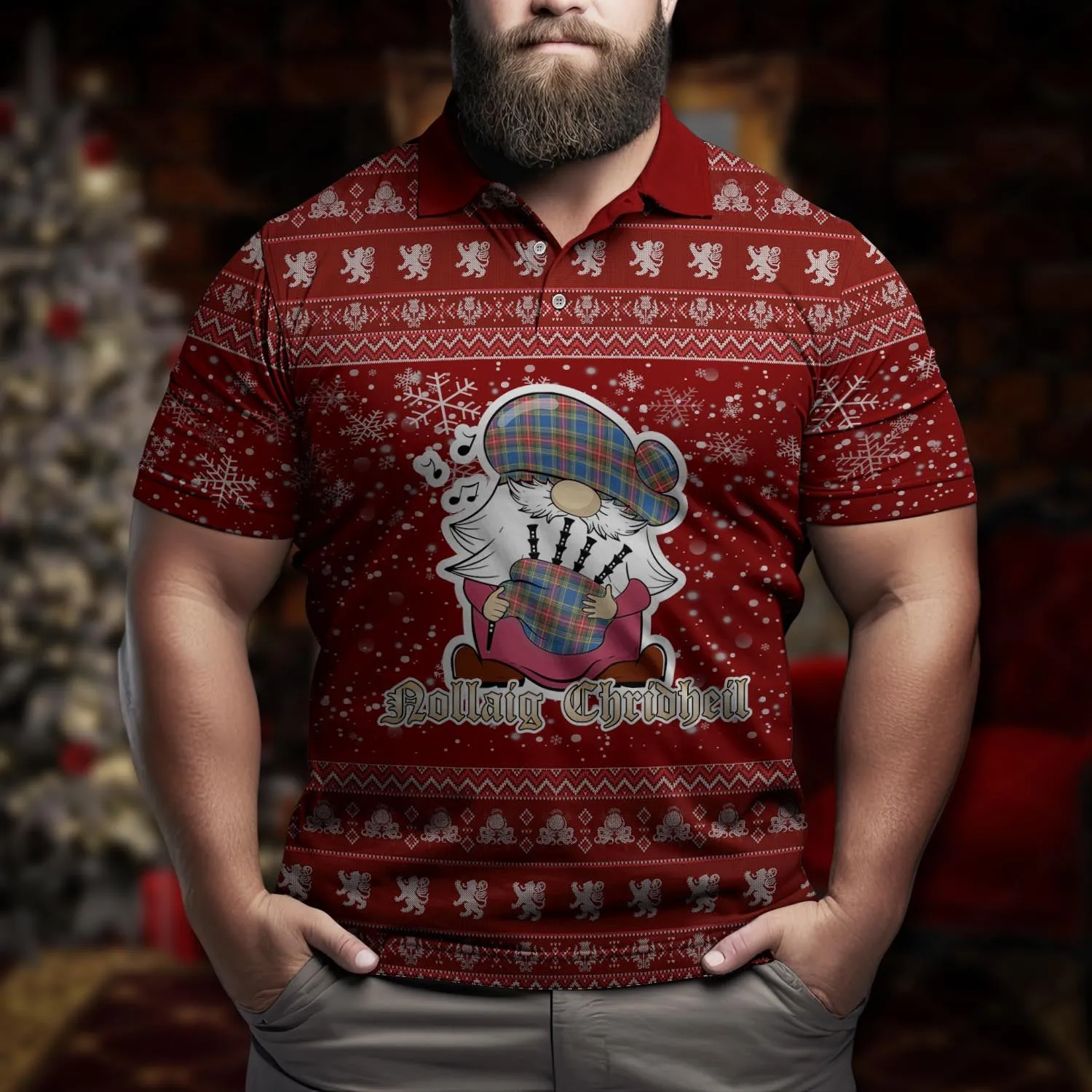 Bethune Clan Christmas Family Polo Shirt with Funny Gnome Playing Bagpipes