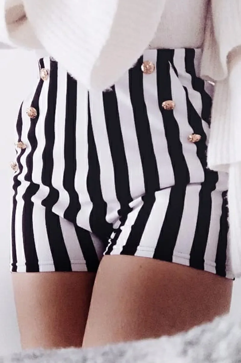 Black and White Striped Shorts with Gold Button Detailing - Joseline