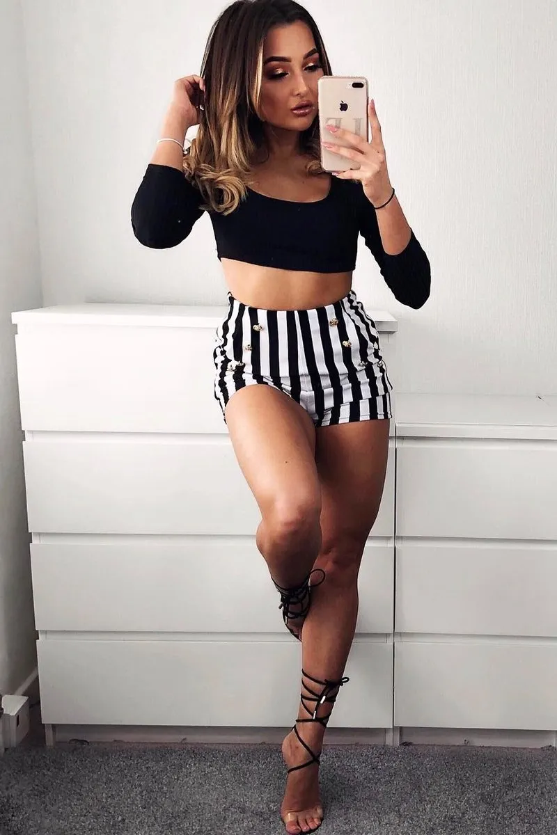 Black and White Striped Shorts with Gold Button Detailing - Joseline