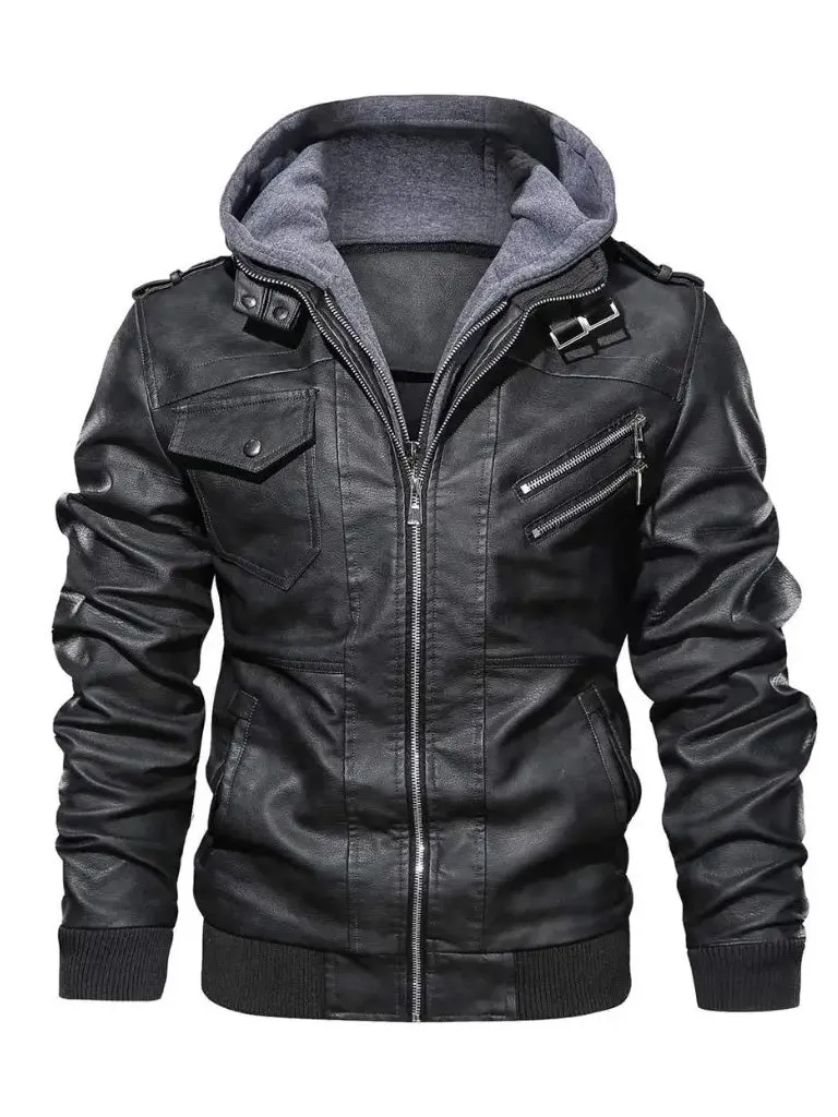 Black Bomber Hooded Leather Jacket