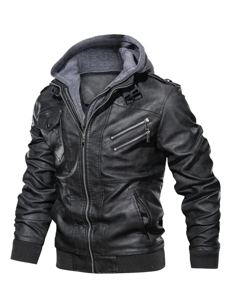 Black Bomber Hooded Leather Jacket