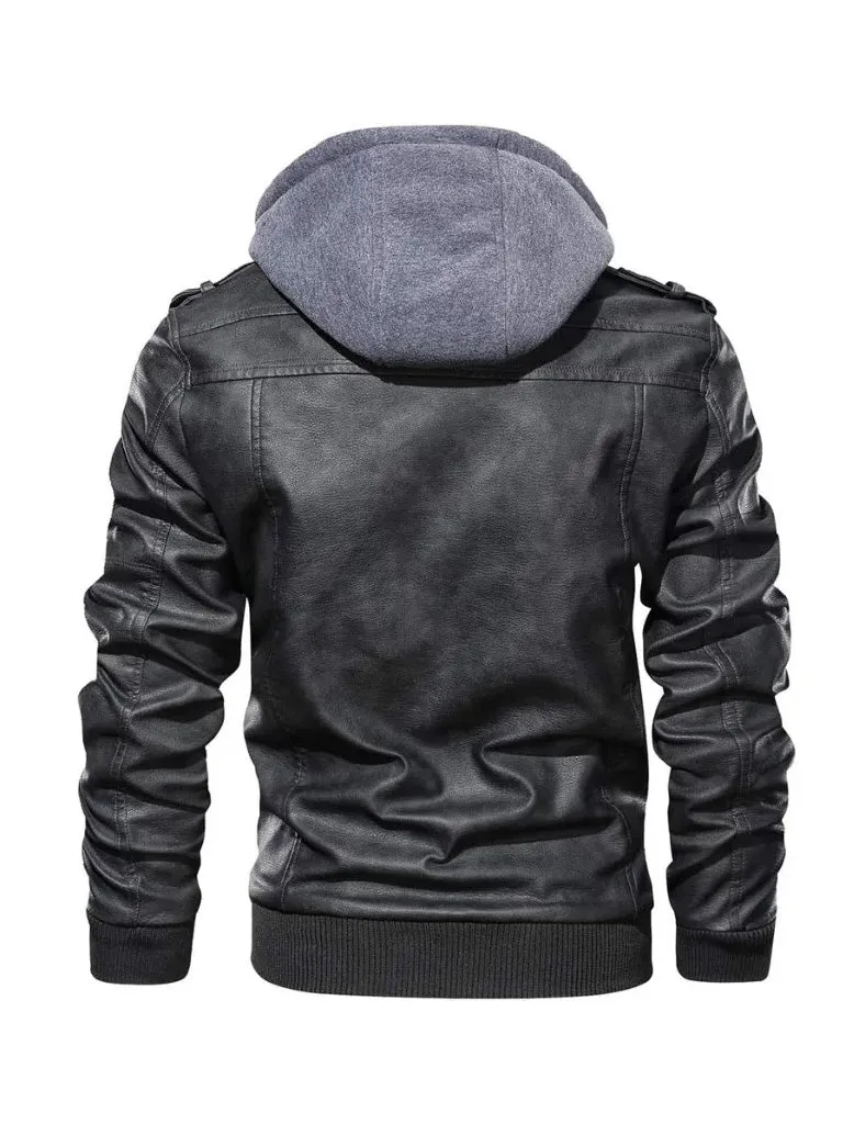 Black Bomber Hooded Leather Jacket