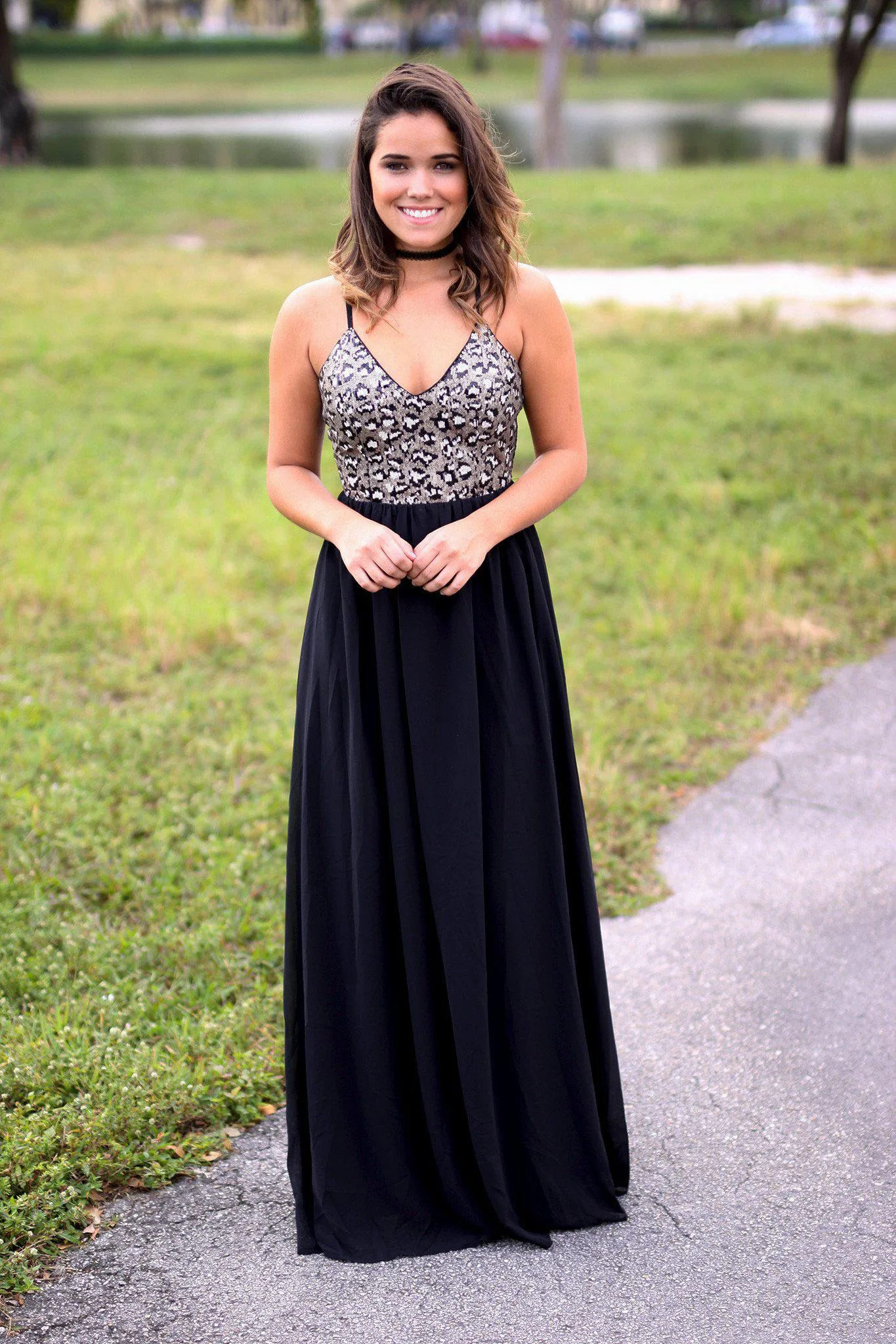 Black Sequined Maxi Dress with Crochet Back