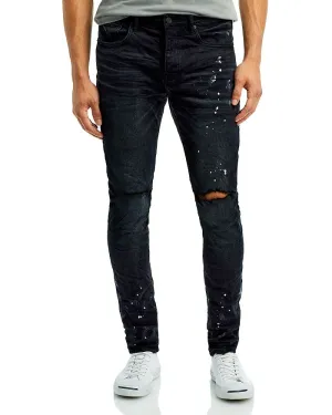 Black Skinny Jeans with Ripped Knees and Purple Brand Paint Splatter