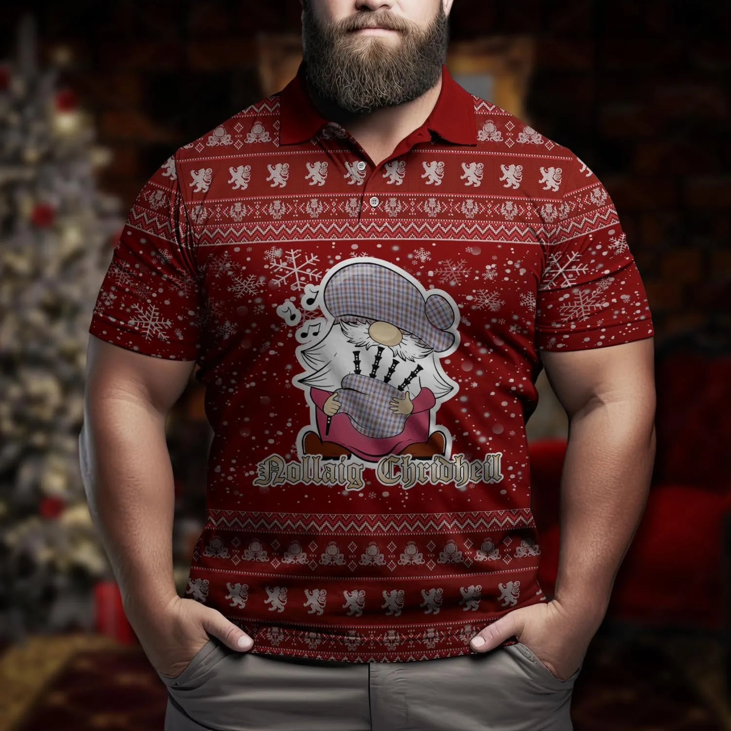 Boswell Clan Christmas Family Polo Shirt with Funny Gnome Playing Bagpipes