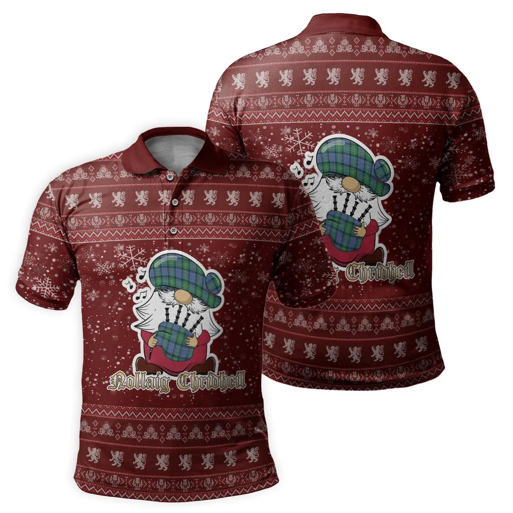 Bowie Ancient Clan Christmas Family Polo Shirt with Funny Gnome Playing Bagpipes