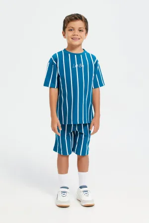 Boys Blue Striped T-Shirt With Shorts Set (2 Piece)