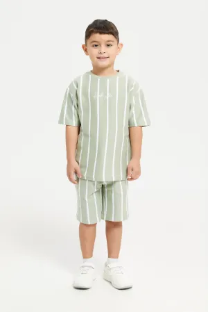 Boys Green And White Striped Casual Set (2 Piece)