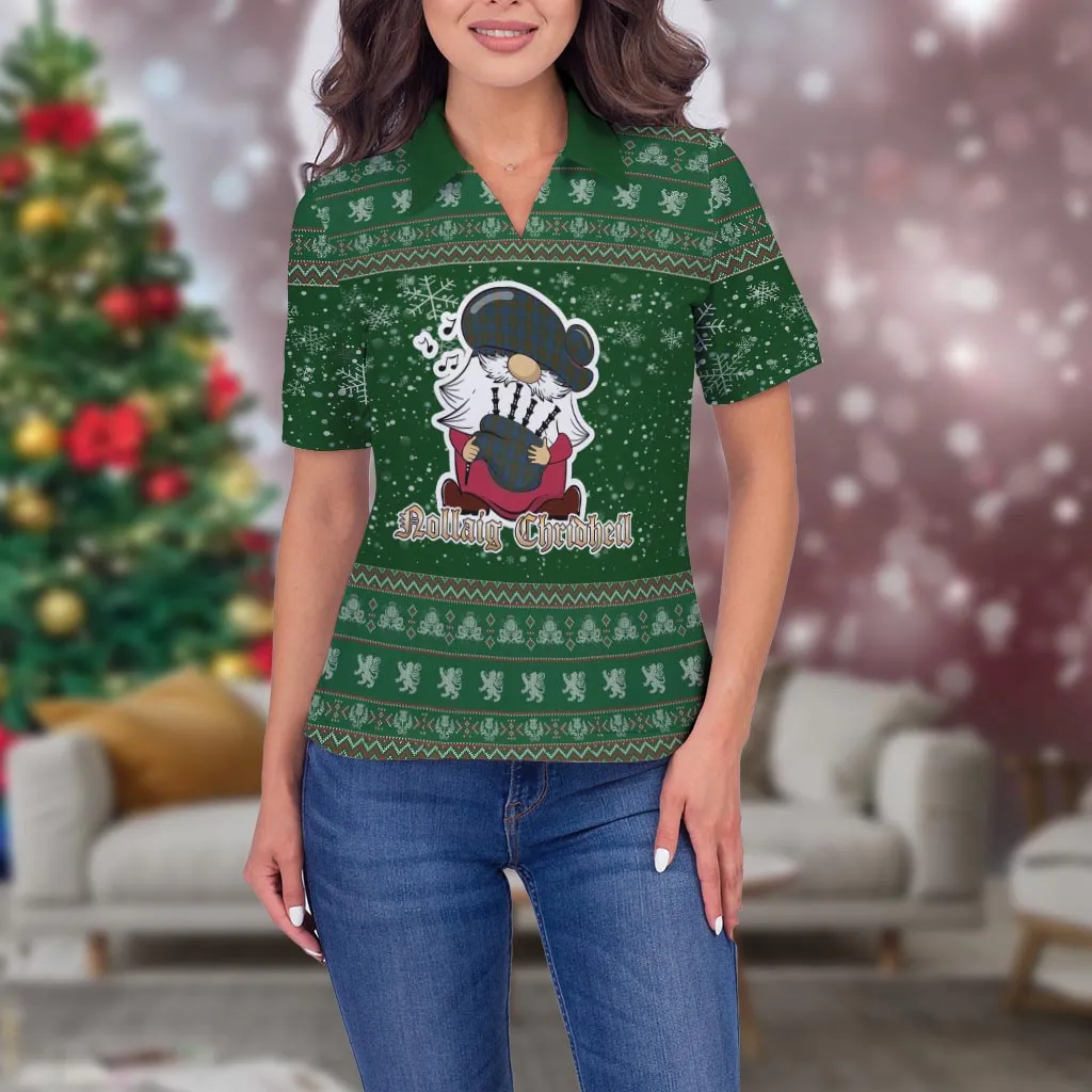 Buchanan Hunting Clan Christmas Family Polo Shirt with Funny Gnome Playing Bagpipes