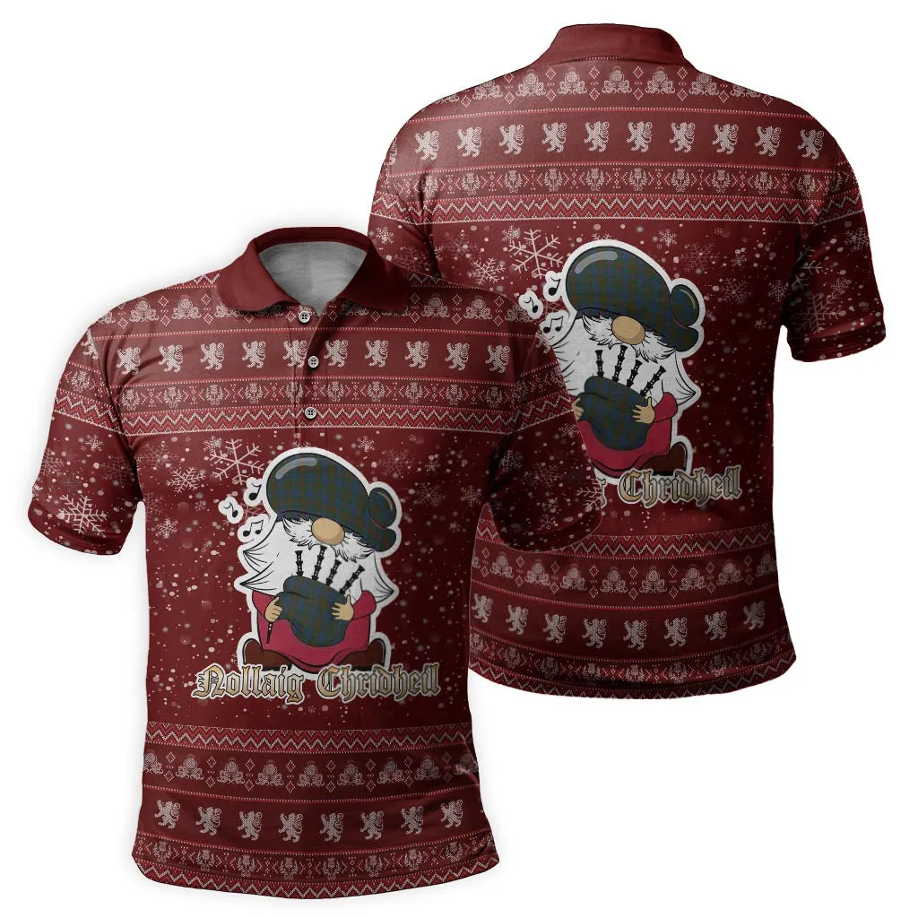 Buchanan Hunting Clan Christmas Family Polo Shirt with Funny Gnome Playing Bagpipes