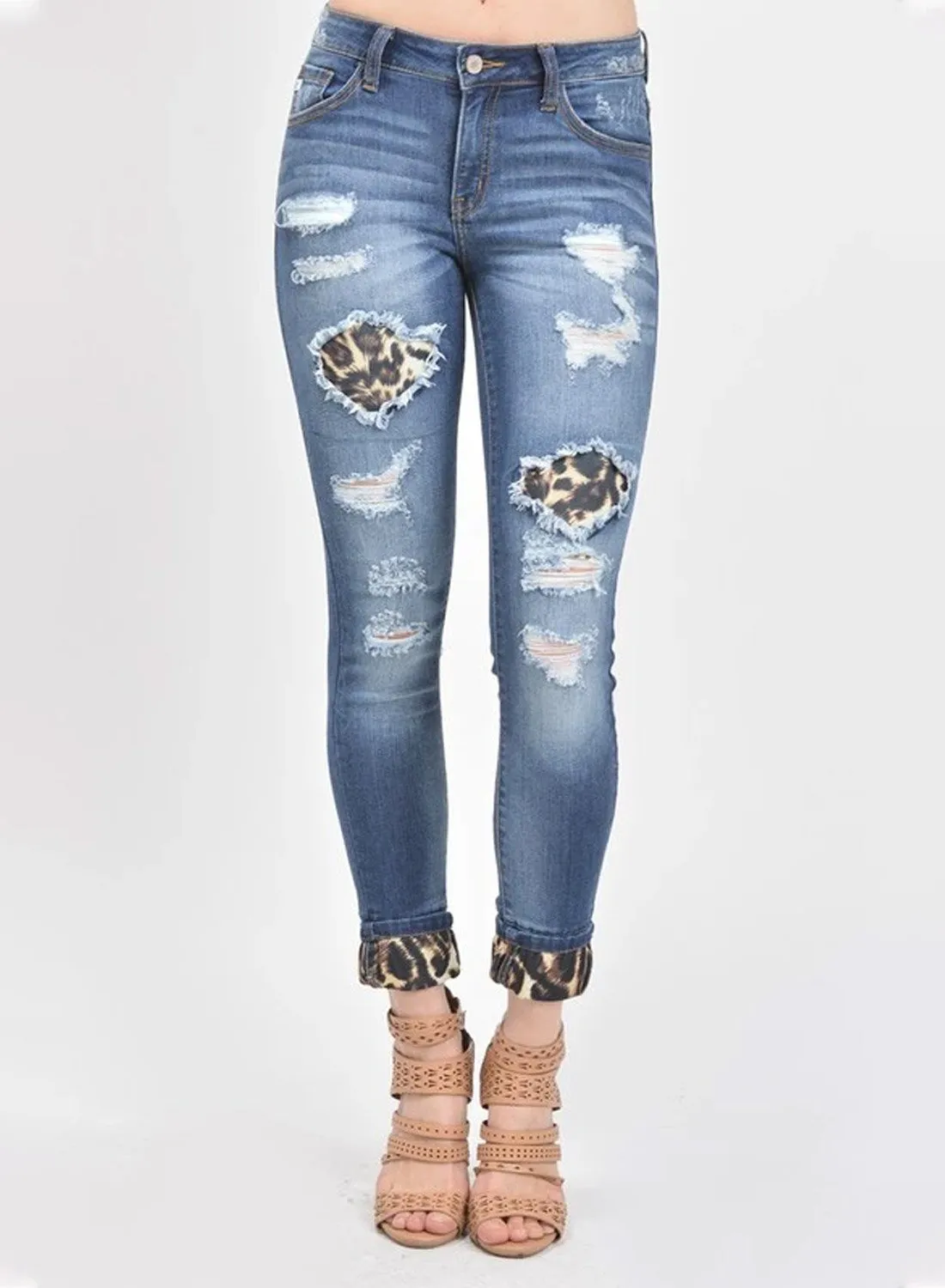 Casual Mid Waist Skinny Leopard Patch Ripped Jeans