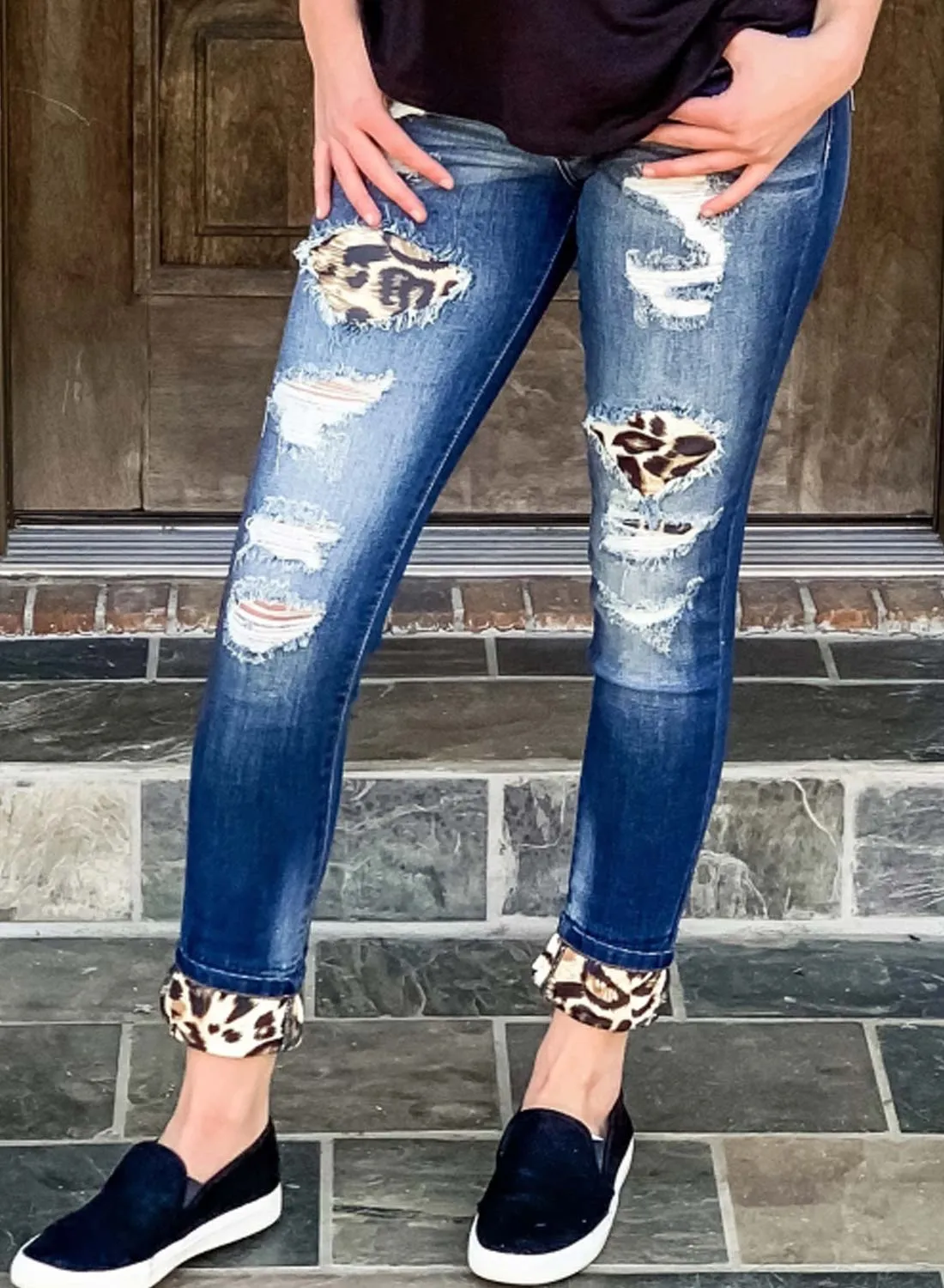 Casual Mid Waist Skinny Leopard Patch Ripped Jeans