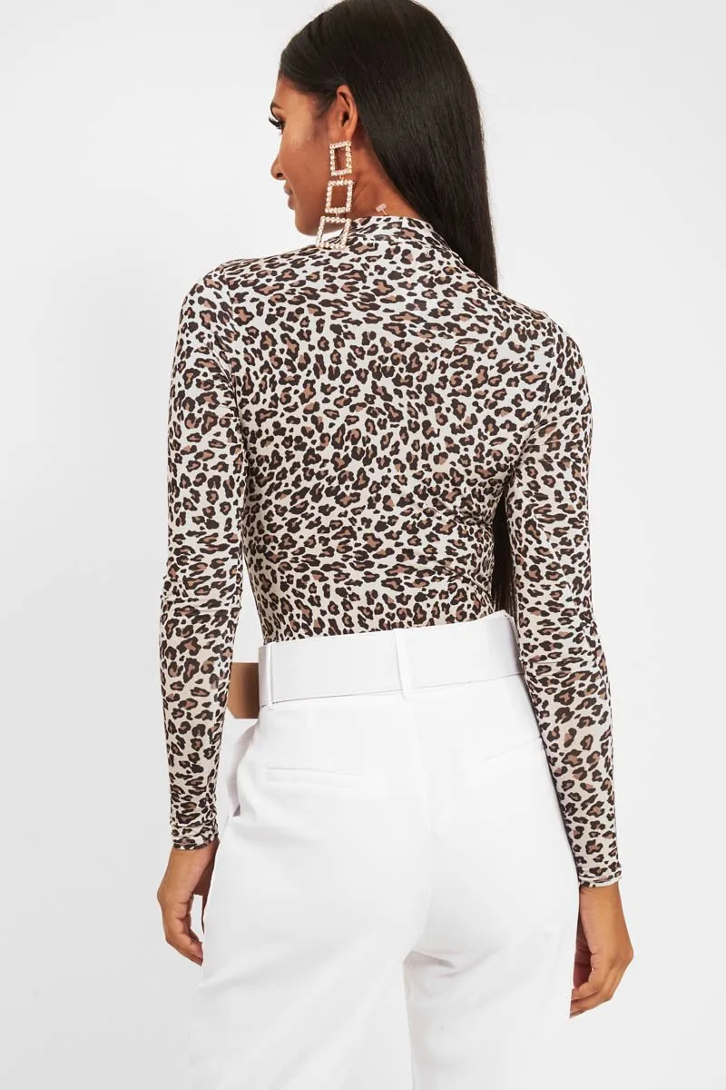 Cream Leopard Print Slinky High Neck Bodysuit - Abira