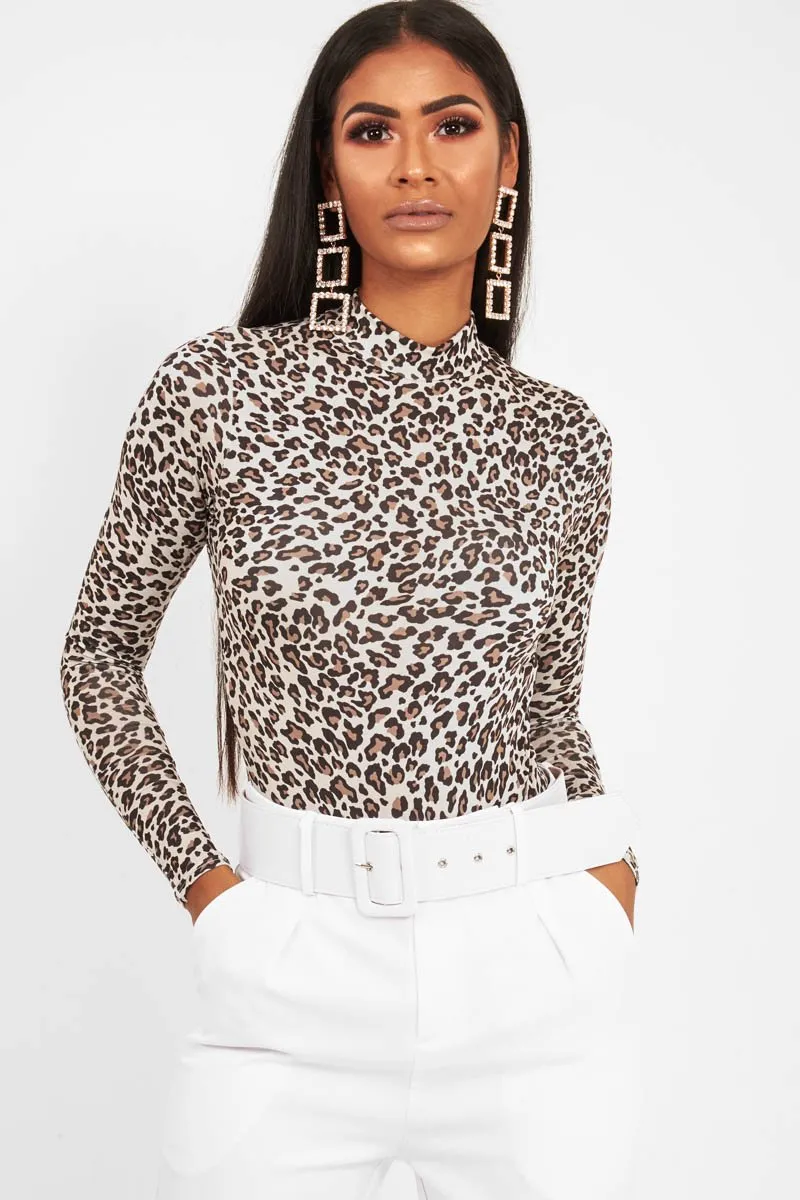 Cream Leopard Print Slinky High Neck Bodysuit - Abira