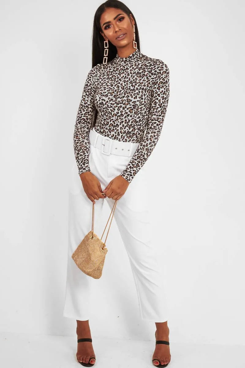 Cream Leopard Print Slinky High Neck Bodysuit - Abira