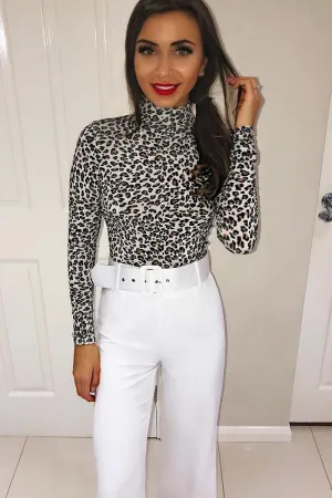 Cream Leopard Print Slinky High Neck Bodysuit - Abira